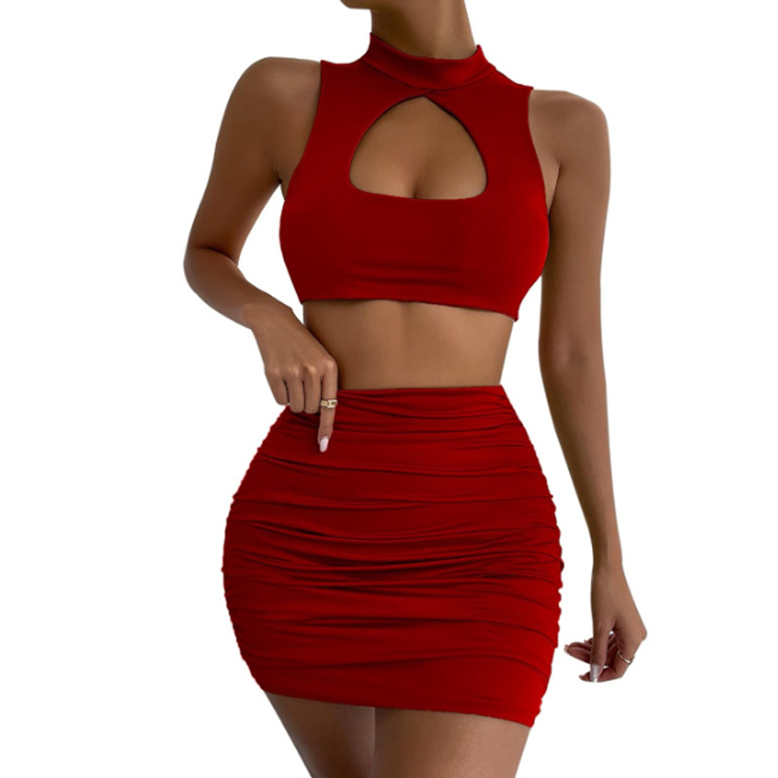 thumbnail image 2 of Conjunto de top corto con aberturas y falda para mujer: vestido ajustado sexy, poliéster y spandex, conjunto para salir de fiesta por la noche, 2 of 5